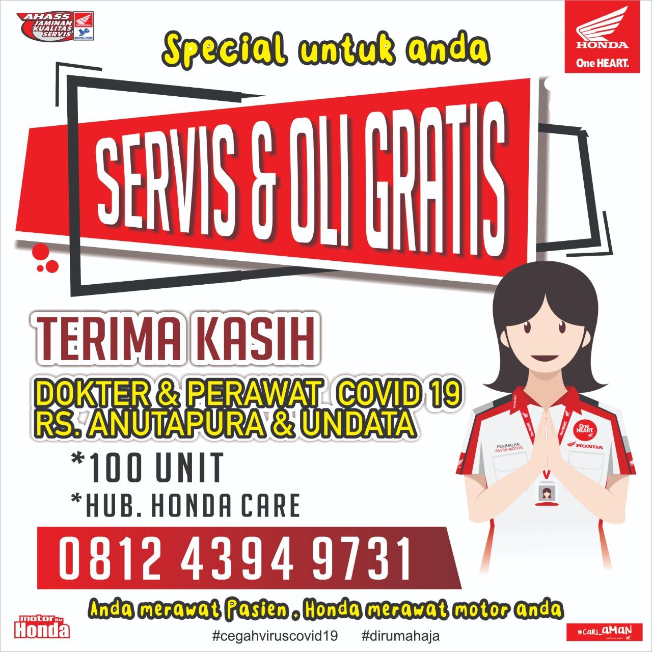 Honda Anper Servis kunjung, servis & oli gratis untuk tenaga medis.